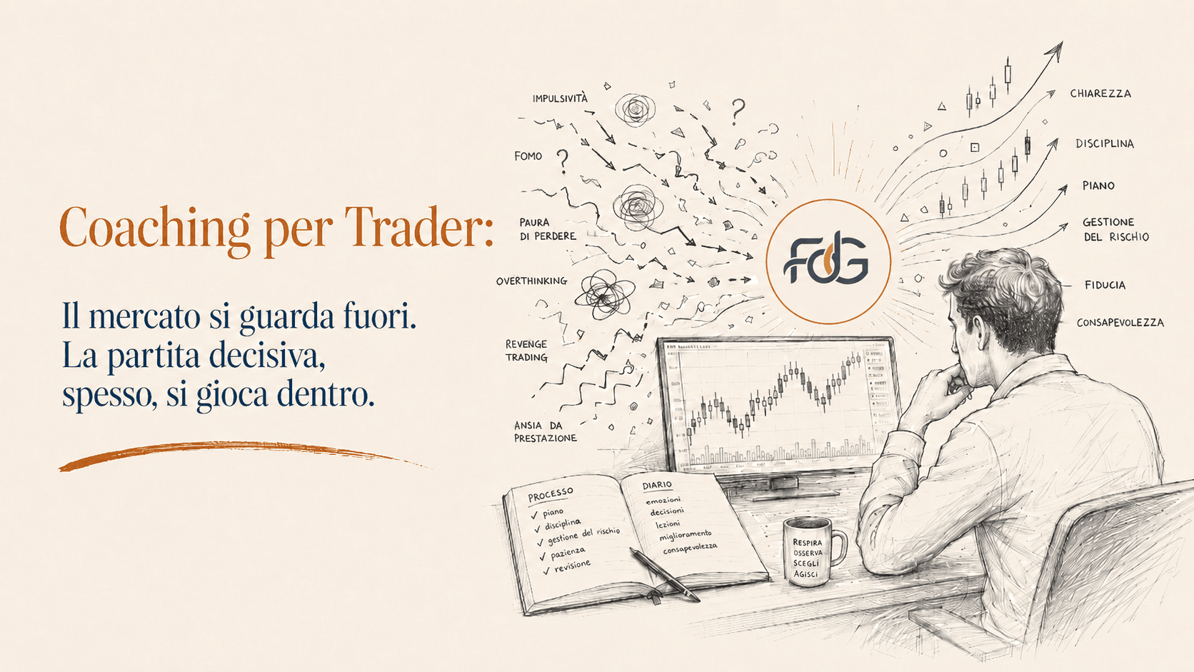 Illustrazione: dai pattern emotivi del trading (impulsività, FOMO, paura di perdere) a chiarezza, disciplina e gestione del rischio
